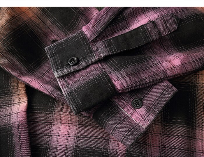 Gradient Rainbow Color Plaid Cotton Shirts Streetwear Casual Style Autumn Long Sleeve Blouses Shirts Men Women Tops