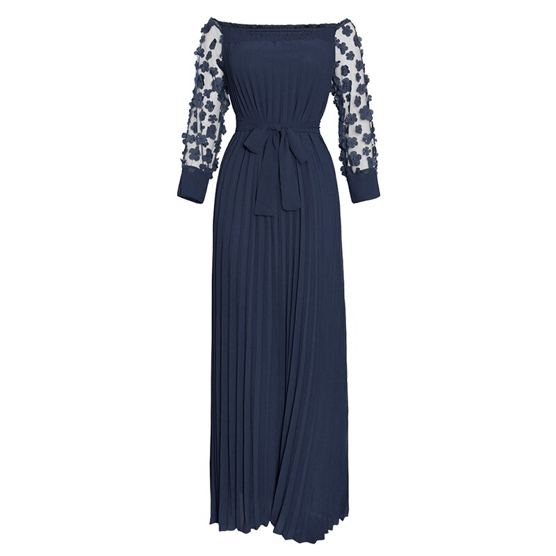 MD African Dresses For Women Off Shoulder Mesh Maxi Dress Party Abaya Lady Plus Size Evening Gowns: Navy Blue