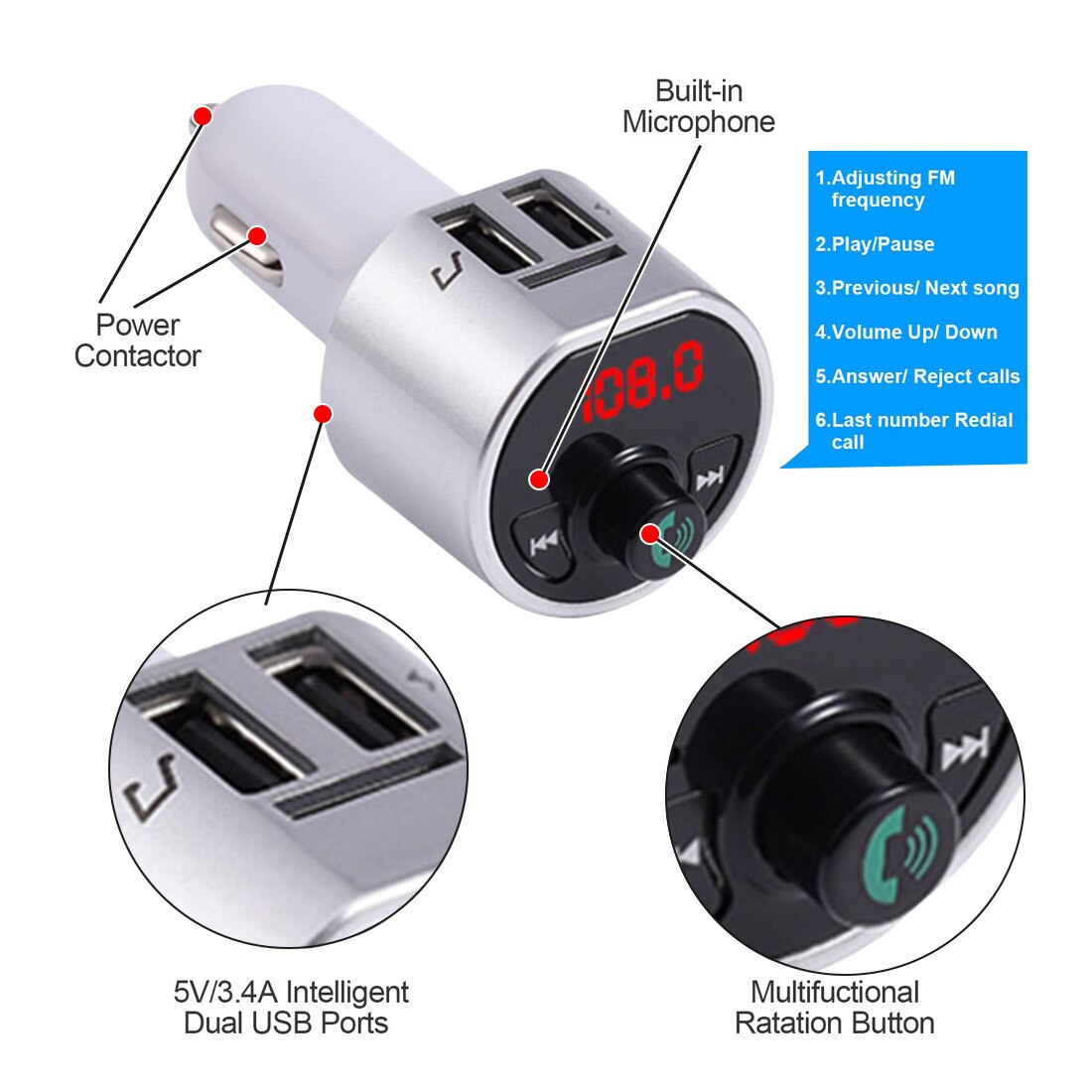 Bluetooth Car FM Transmitter Wireless Radio Adapter MP3 Player Plus USB charger Bluetooth Handsfree Call