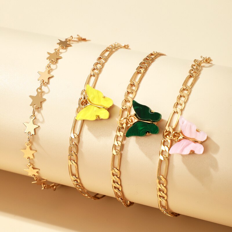 4Pcs Schmetterling Fußkettchen Set für Frauen Einfache Sterne Charme Gold Farbe Kette Ankle Armbänder Böhmischen Strand Bein Fuß schmuck