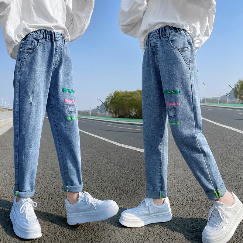 Pantalones vaqueros rasgados para adolescentes y niñas, pantalón informal de tendencia azul que combina con todo, 12, 13 y 14 años, primavera 2022