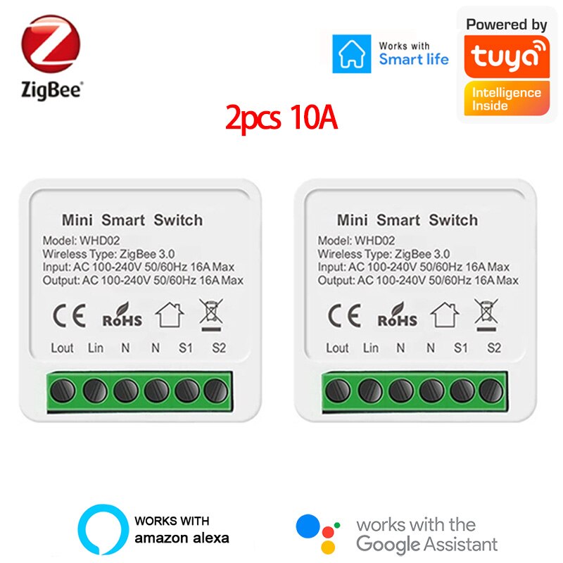 Tuya Zigbee 16A Mini Smart Wifi Switch 2 Way Control, Smart Home Automation Module, Work with Alexa Google Home SmartLife App: 10A 2pcs