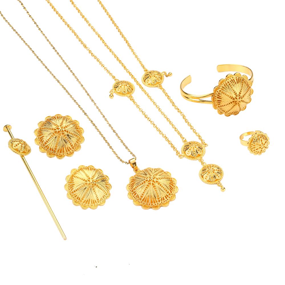 Äthiopischen Anhänger Halsketten Ohrringe Ring Armreifen für Frauen Gold Farbe Eritrean Afrikanische Braut Schmuck: Gold-farbe