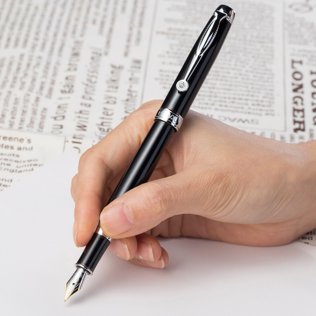 Regal Man-made Diamond Clip Fountain Pen Germany Iridium Medium Nib, Noble Black Business Graduation Pen