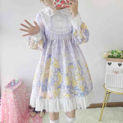 Japanese Lolita Dress Daisy Girl Long Sleeve Op Dress Japanese Small Fresh sweet dress: Light purple