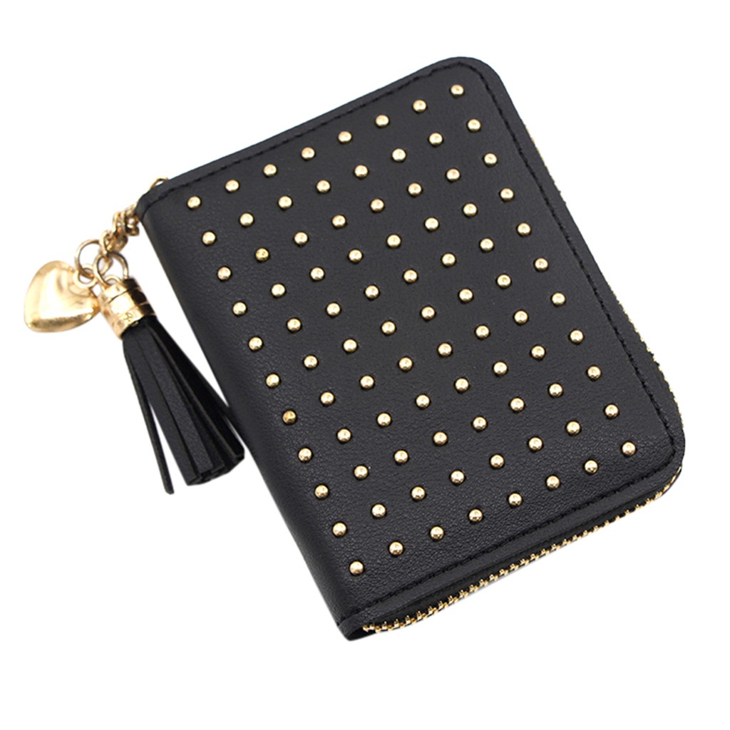 Kwastje Portemonnee Vrouwen Kleine Leuke Portemonnee Leer Klinknagel Vrouwen Portefeuilles Rits Portemonnees Portefeuillesubsidies Vrouwelijke Clutch Cartera Mujer: Black