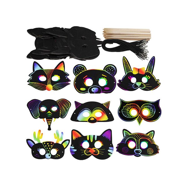 27 Set Magic Jungle Forest Animal Scratch Art Rainbow Scratch Paper Animal Masks Cutouts Face Masks Scratching Toys: 27pcs