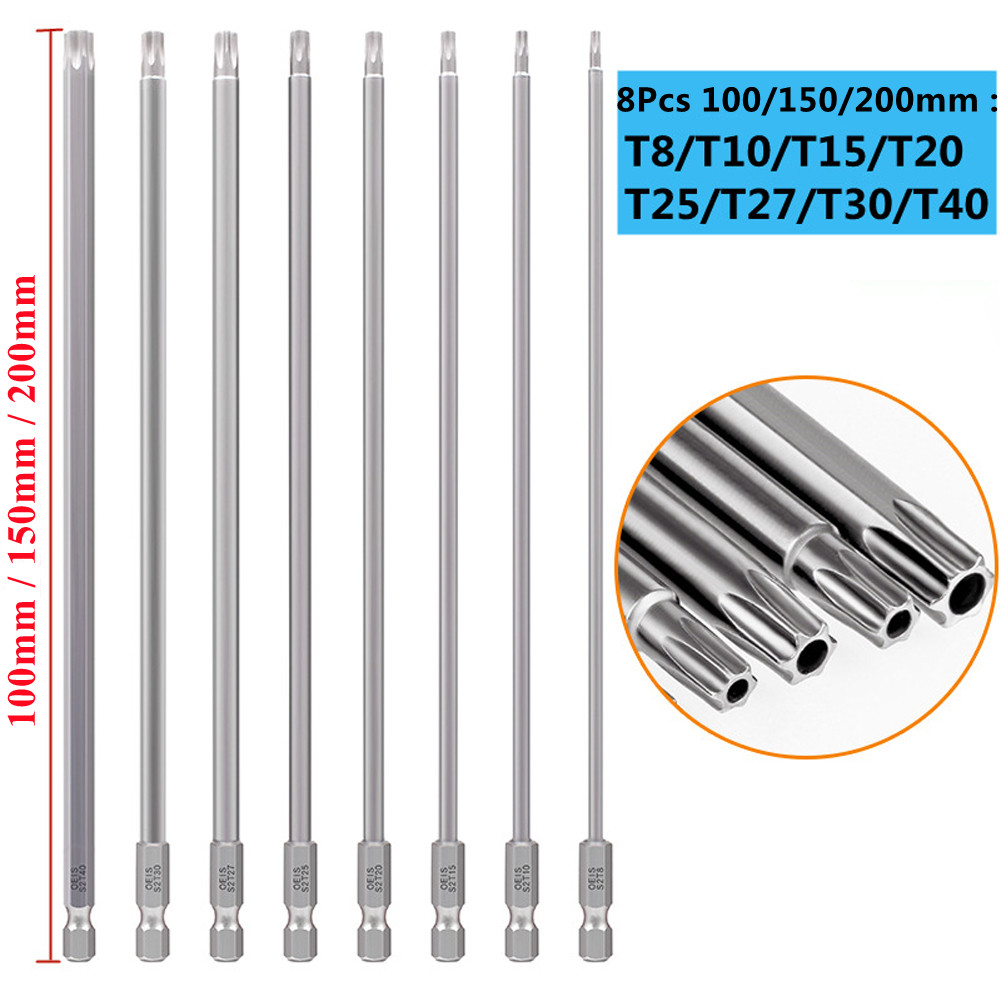 8-Piece 150mm Long Magnetic Torx Security Bit Set (T8-T40) 1/4" Hex Shank