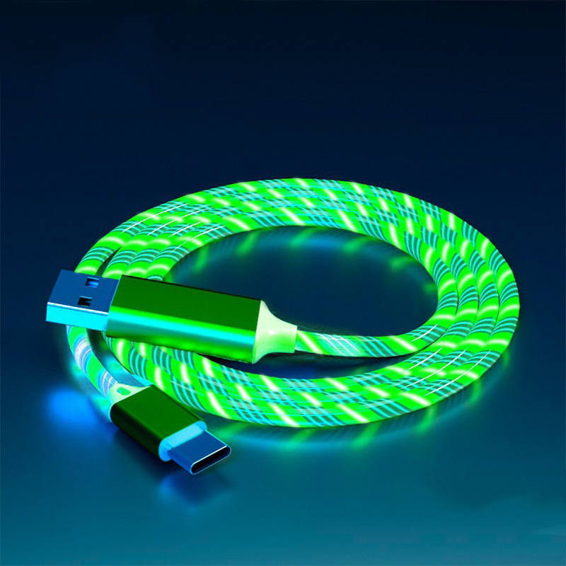 Câble USB LED lumineux de Type C, pour Samsung Xiaomi OPPO Huawei IPhone, chargeur rapide, cordon de données, lumière fluide, câble LED: green / 1m