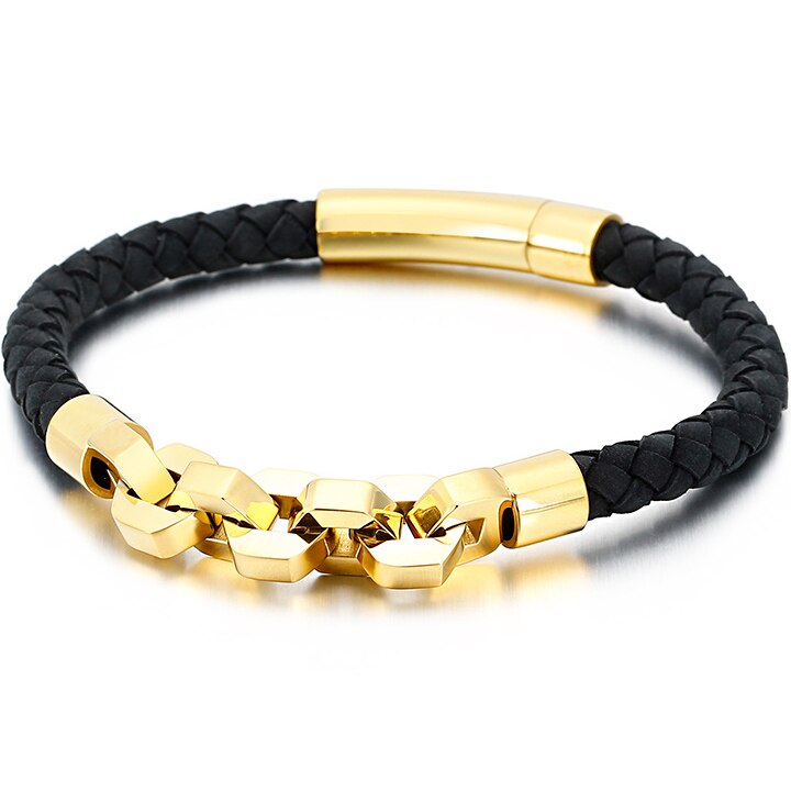 handgefertigt 6MM Breiten Geflochten Leder Armbinde Männer 316L Edelstahl Herren Schmuck wickeln Armreifen Geburtstag Für Freund Ihn: Gold Farbe