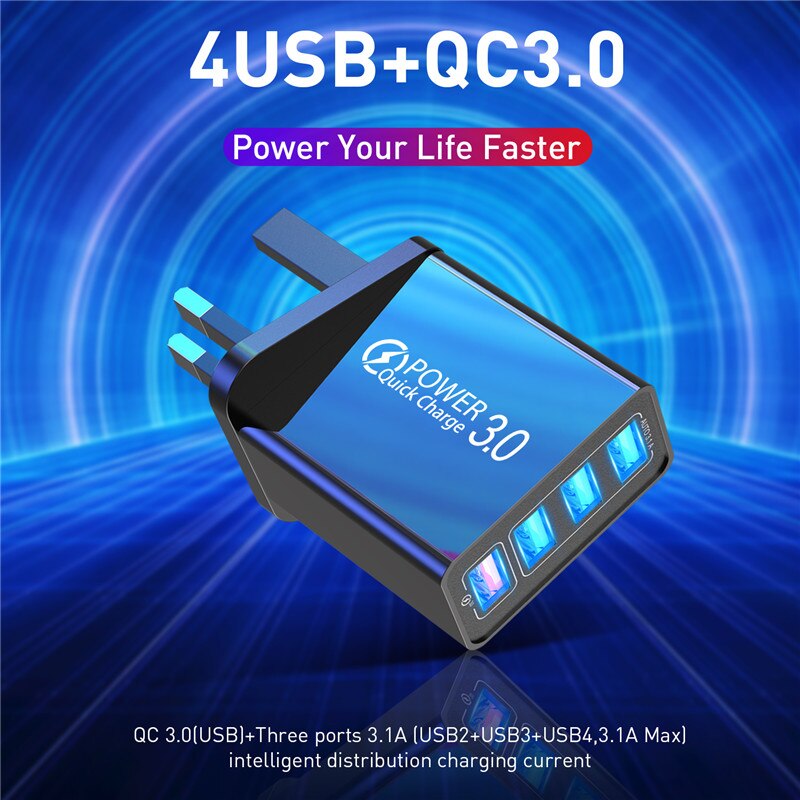 Uslion 48W Uk Usb Lader Quick Qc 3.0 4 Port Usb Charger Voor Iphone 11 Pro Max 7 Samsung s10 Xiaomi Muur Adapter Travel Uk Plug