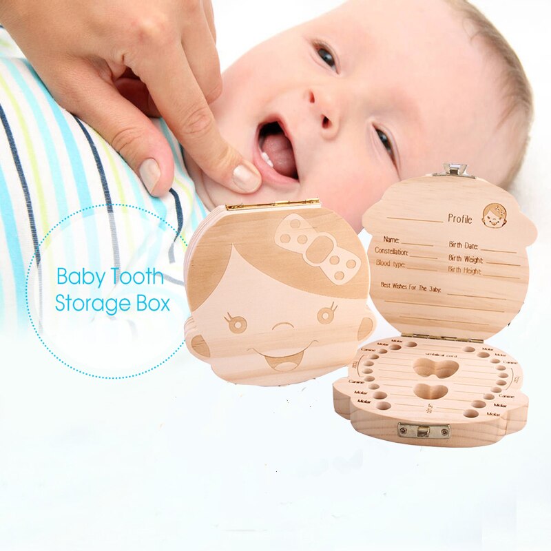 Tand Doos Engels Spaans Tekst Baby Jongen Meisje Fallen Opslag Natuurlijke Hout Case Besparen Melk Tanden Collection Organizer Houder