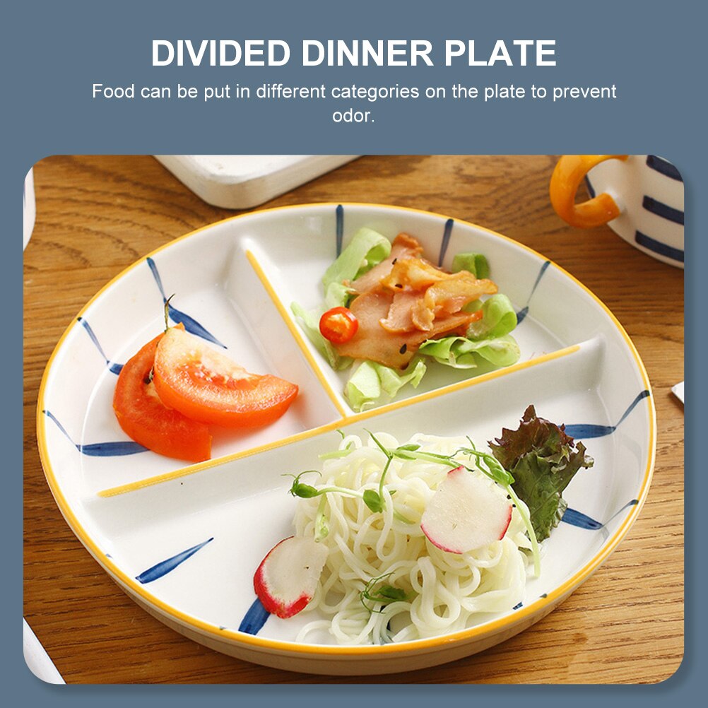 Plato de cerámica dividido de estilo japonés, plato de cena de 3 Divisiones pintado a mano, Reduce la grasa, , 2 uds.