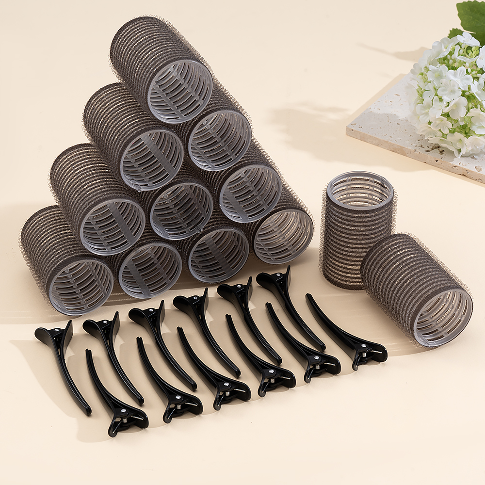 24 pçs/set auto aperto rolos de cabelo sem calor grampo de cabelo rolos cachos sem calor franja de cabelo volume auto-adesivo gancho diy ferramentas de estilo: CINZA
