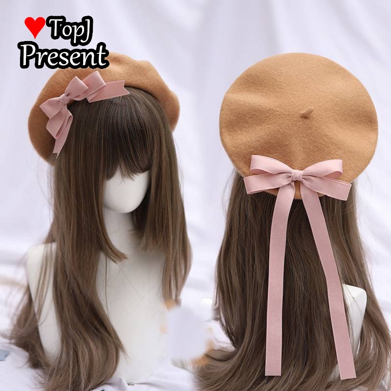Boina japonesa de cinta Lolita, gorra de pintor desmontable multicolor, con lazo, hecha a mano: Brown and pink
