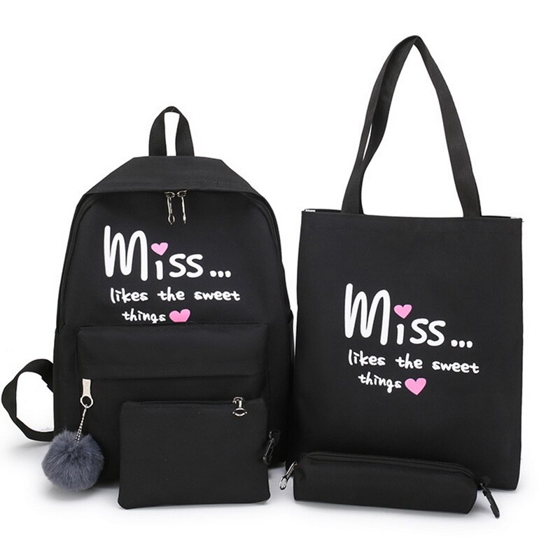 5 Stks/set Schooltas Voor Tiener Effen Rugzak Schooltas Vrouwen Student Zak Kant Boog Bundel Rugzak: black 2