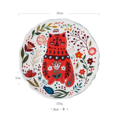 Plat de couleur en céramique dessin animé | Assiette ronde de couleur, style japonais peint à la main, chat chanceux, personnalité, vaisselle créative pour la maison, vaisselle nordique: Red-D