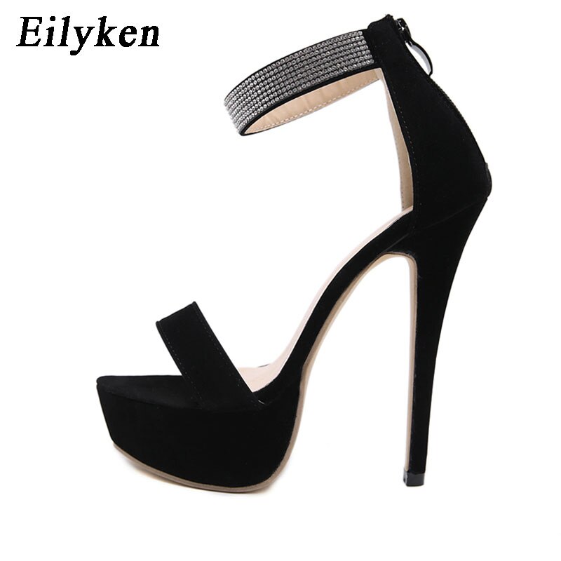 Eilyken, Sandalias con tacón de plataforma con cremallera, Zapatos de tacón alto de verano para Mujer, toboganes con punta abierta de cristal, Zapatos negros, Zapatos de Mujer con agujeros: 36