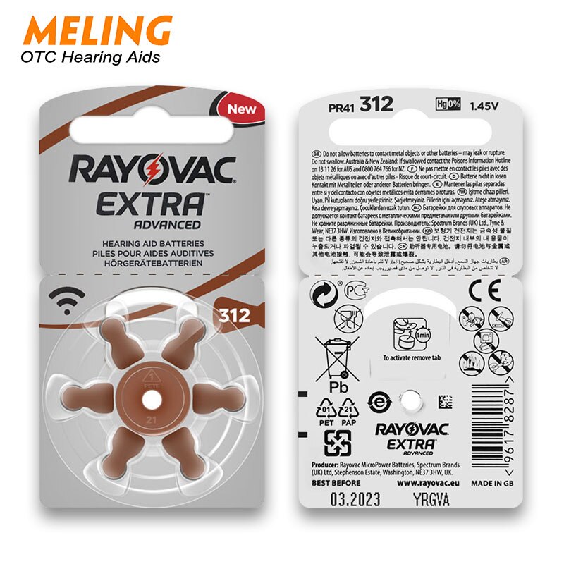 Meling 60 PCS Rayovac Extra Performance Hearing Aid Batteries 312 312A A312 PR41 Zinc Air Hearing Aid Battery