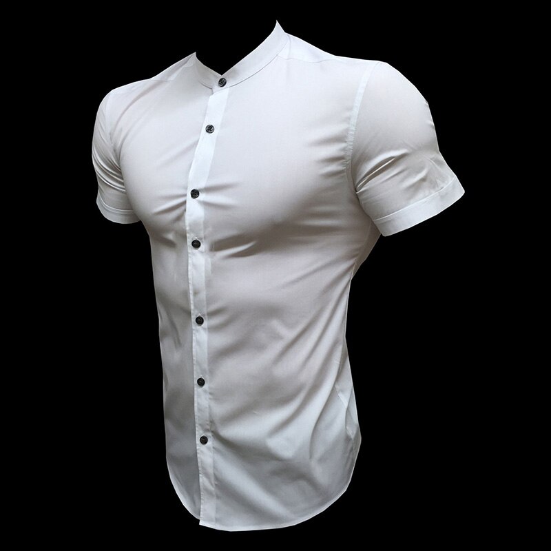 Heren Korte Mouw Zomer Plain Slim Fit Overhemden Fitness Mannen Gym Kleding Mode Casual Sociale Stand Zakelijke Shirts: WHITE / Xl