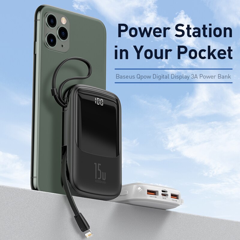 Baseus 10000mAh Mini Power Bank Built in Cables PowerBank External Battery Charger For iPhone 12 11 Pro Xiaomi Samsung Huawei