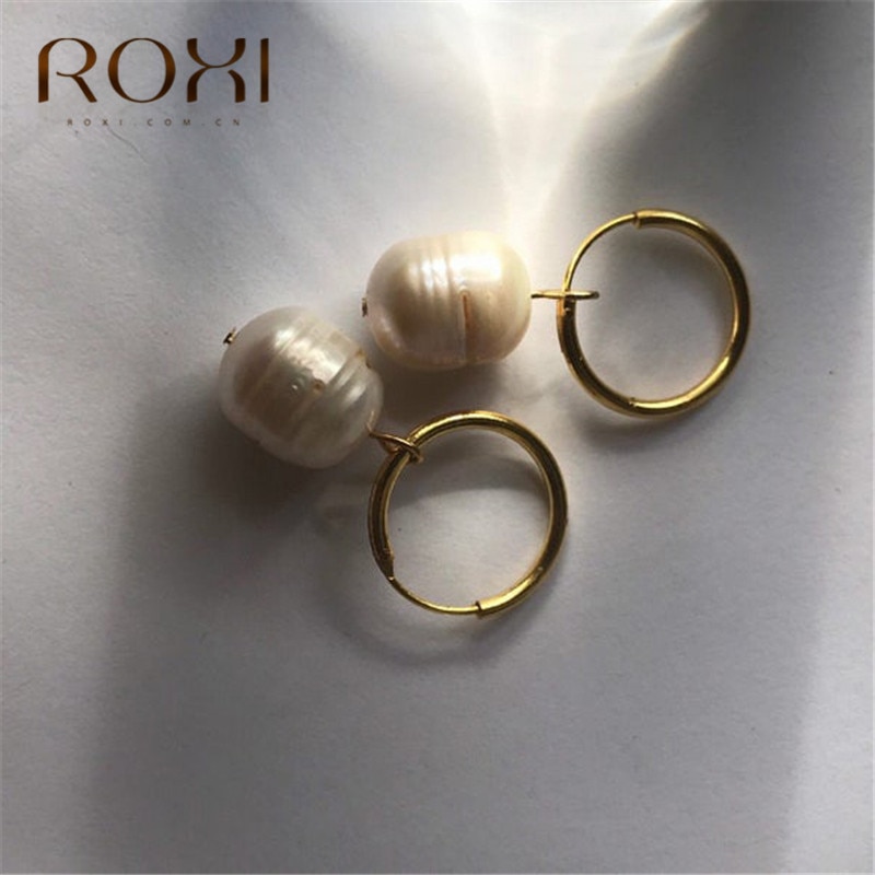 ROXI Freshwater Pearl Pendant Hoop Earrings for Women Gold Loop Circle Earrings Baroque Pearl Huggie Earring Trendy Jewelry