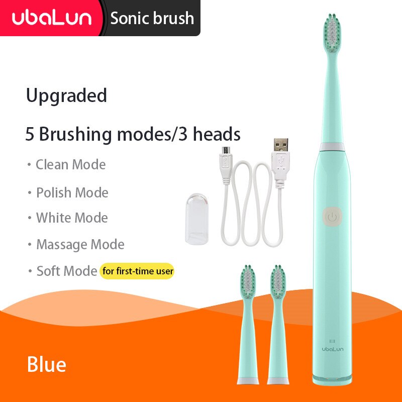 Sonic Toothbrush Vibrator Electric Toothbrushes Oral Care Adult Children Electric Toothbrush Ultrasonic Tooth Brush: 5 modes 3 heads Blue