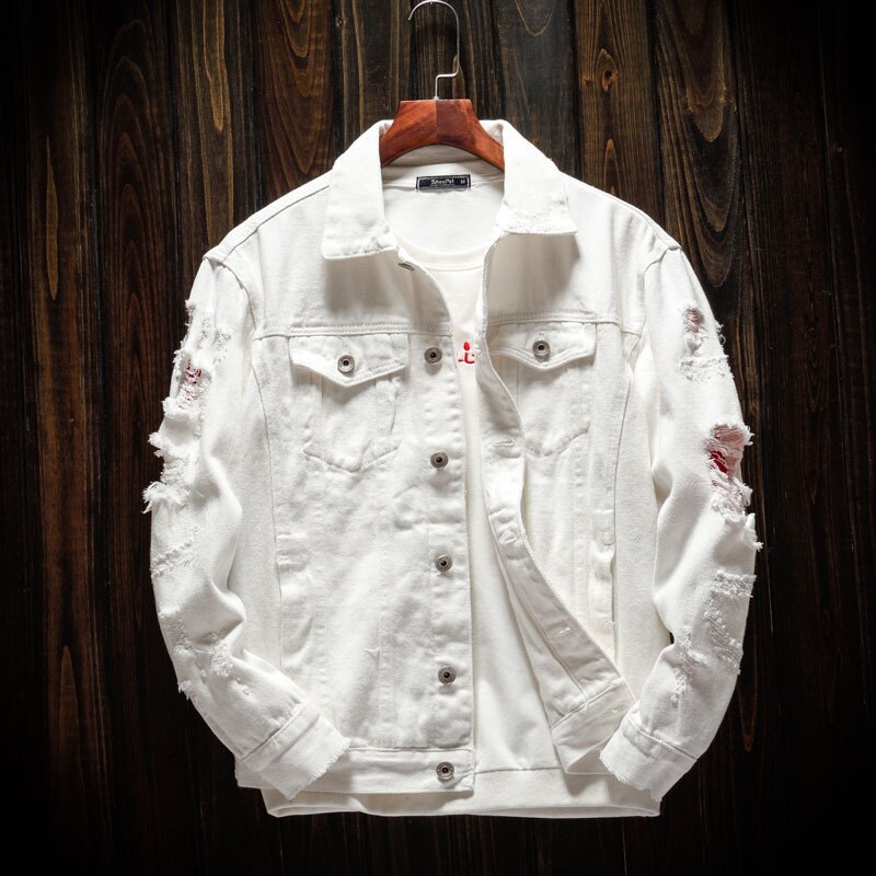 Chaqueta vaquera holgada de manga larga para hombre, abrigos con agujeros, color blanco, para primavera y otoño: M