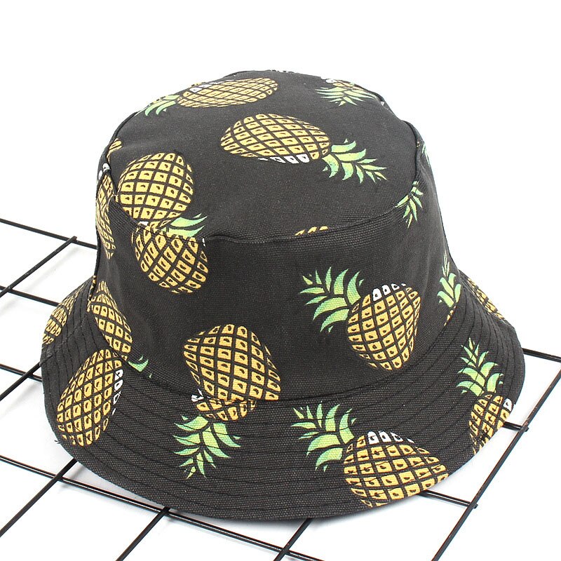 Frukt ananas print dobbeltsidig slitasje fiskerhatt servanthette fritidsreise utendørs solhatt svart: Default Title