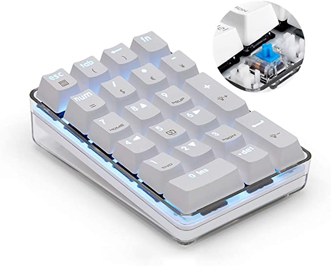 Pavé numérique, clavier numérique filaire USB mécanique avec pavé numérique à 21 touches rétroéclairé blanc pour ordinateur portable ordinateur de bureau approuvé: blue switch