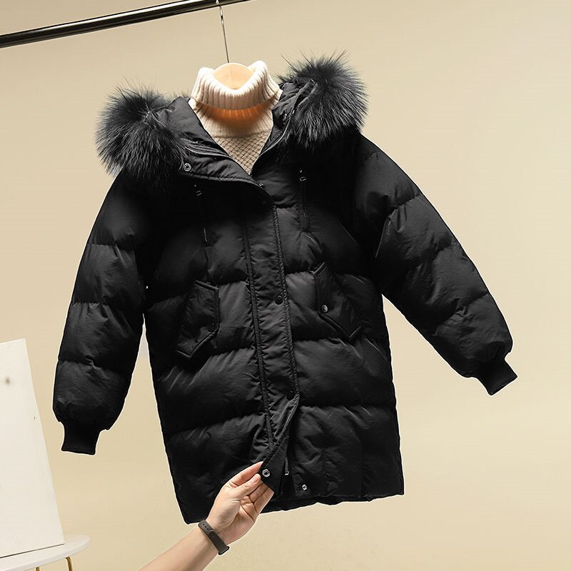 Vinterjakke kvinder parka stor pels hættetrøje tyk dun bomulds parkaer damejakke varm løs frakke afslappet outwear  p1016: Sort / Xxl