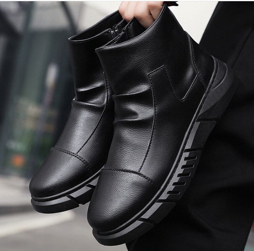 Sorte lædersko mænd unge chelsea støvler afslappede sko mandlige vinterfodtøj – Grandado