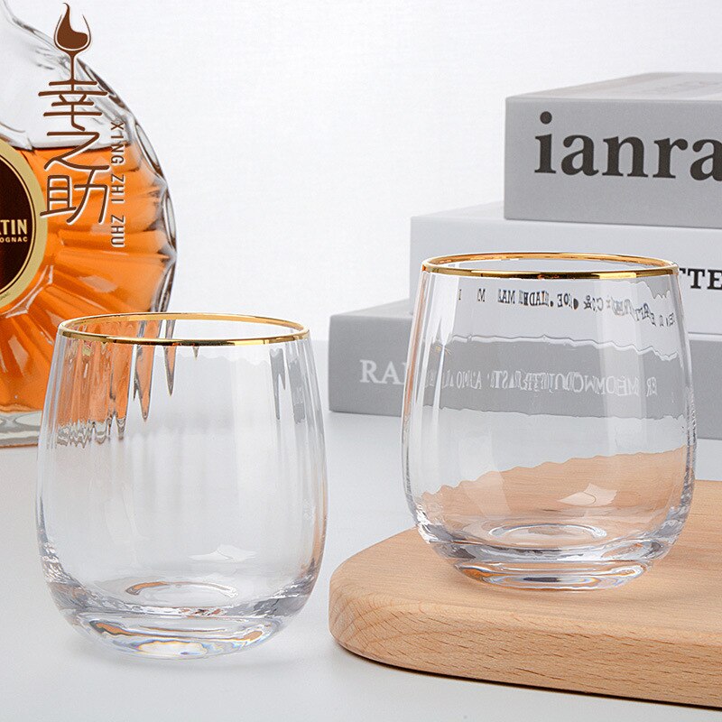 gold-rimmed vertical stripes whiskey glass,Upscale Simple Crystal Glass Wine Glass cup Barware Dinner Water Drinkware