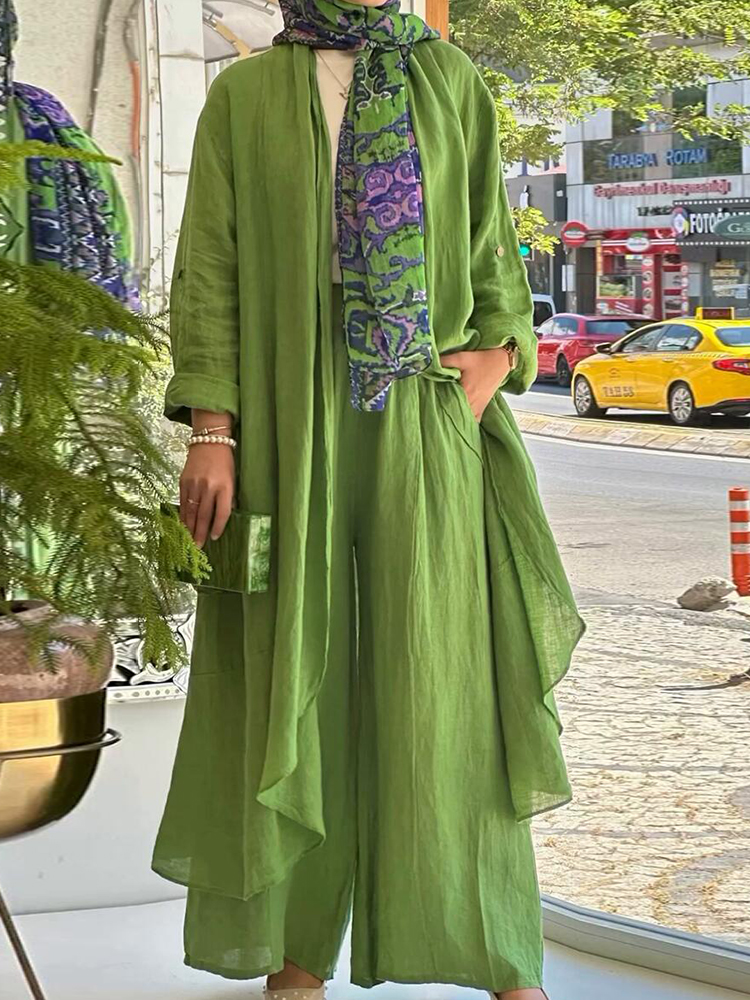 2- delade långärmade maxi-skjortor + vida byxor eid muslimska kvinnor set abaya dubai turkiet islamiska casual toppar enfärgad outfit