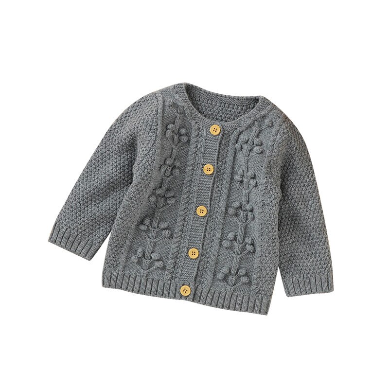 Baby Knitting Sweater Round Neck Long-Sleeve Casual Flower Buttons Girl Autumn Knittwear Top: Gray / 9M