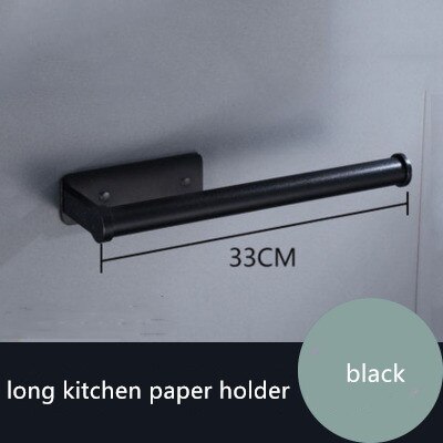 Wall Mounted Kitchen Paper Rack Muti-functions Aluminum Bathroom Tissue Holder Cloth Towel Rack Glue Paste Kitchen Holder: long-black 33cm