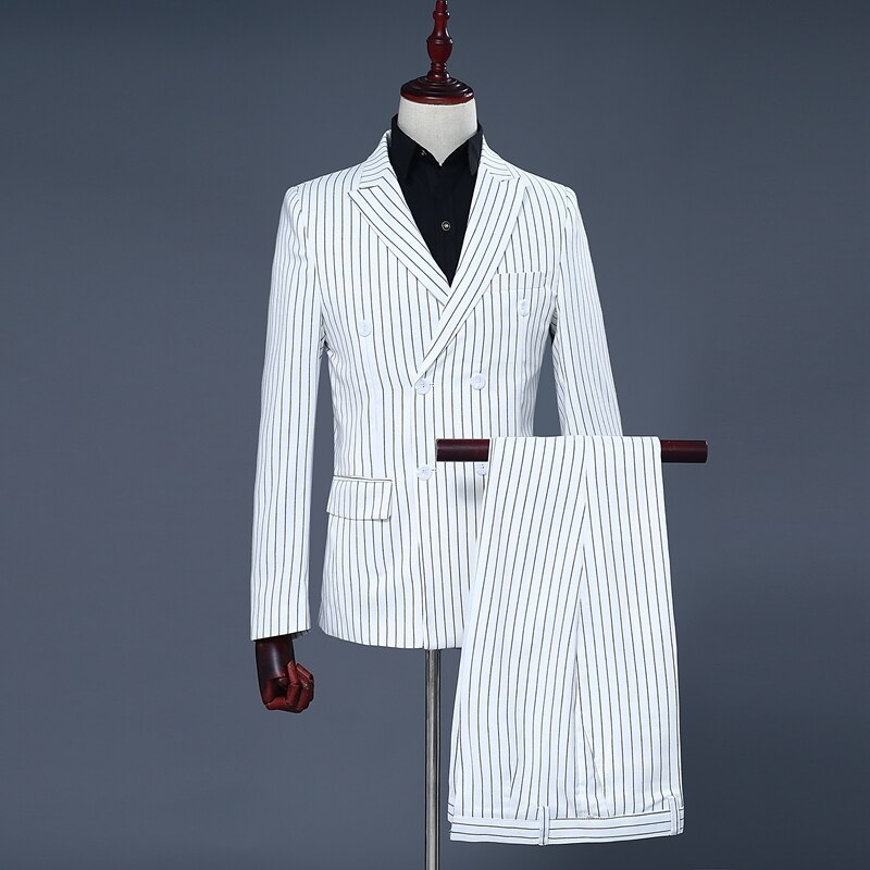 Color Stripe Double Breasted Men&#39;s 2 pieces Suits Groomsmen Wedding Tuxedo Mens Formal Business Suits: L