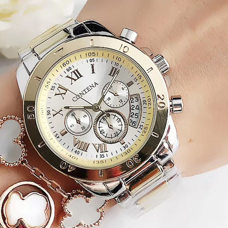 Zegarek damski montre femme Frauen Uhren Damen Quarzuhr Relogio Feminino Original Berühmte Contena Genf Uhr: silver gold