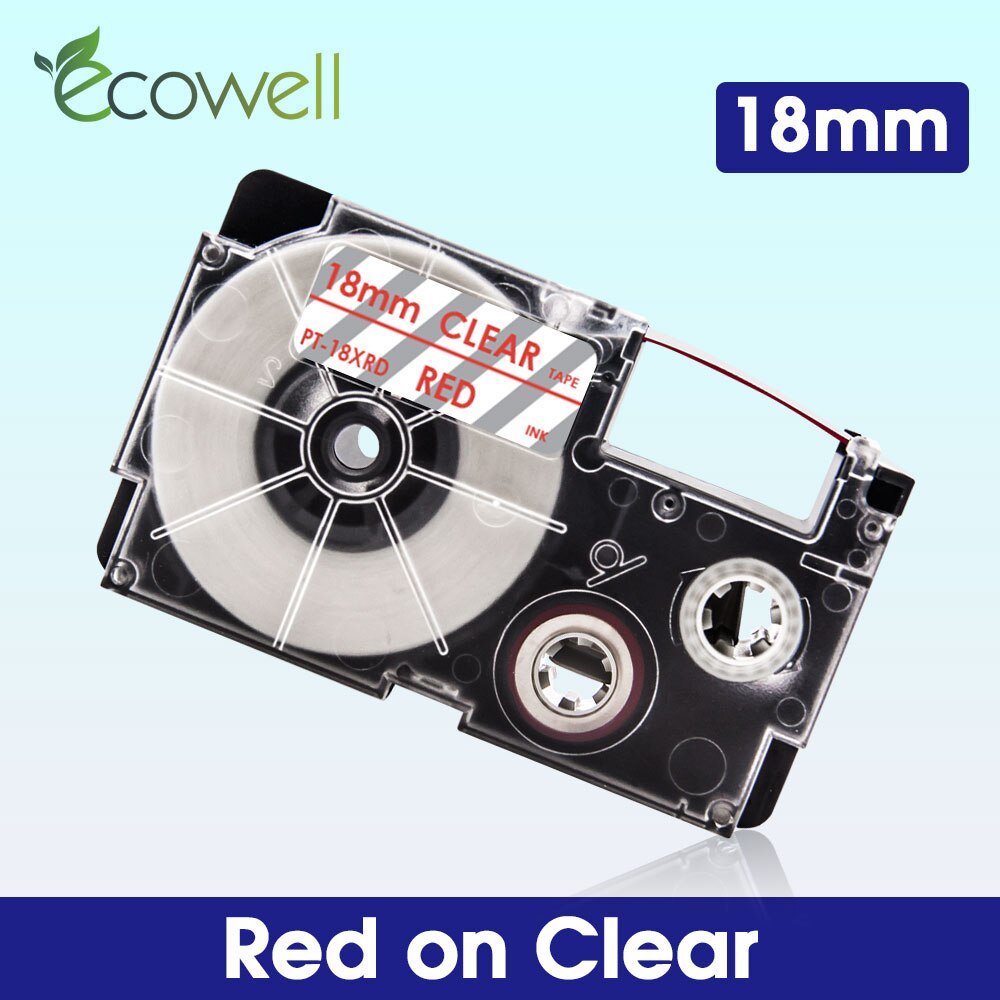 Ecowell 18Colors Compatible Casio XR-18WE XR-18X XR-18RD XR-18BU XR-18YW XR-18GN label tape for Casio KL-750 120 EZ Label Maker: Red on Clear