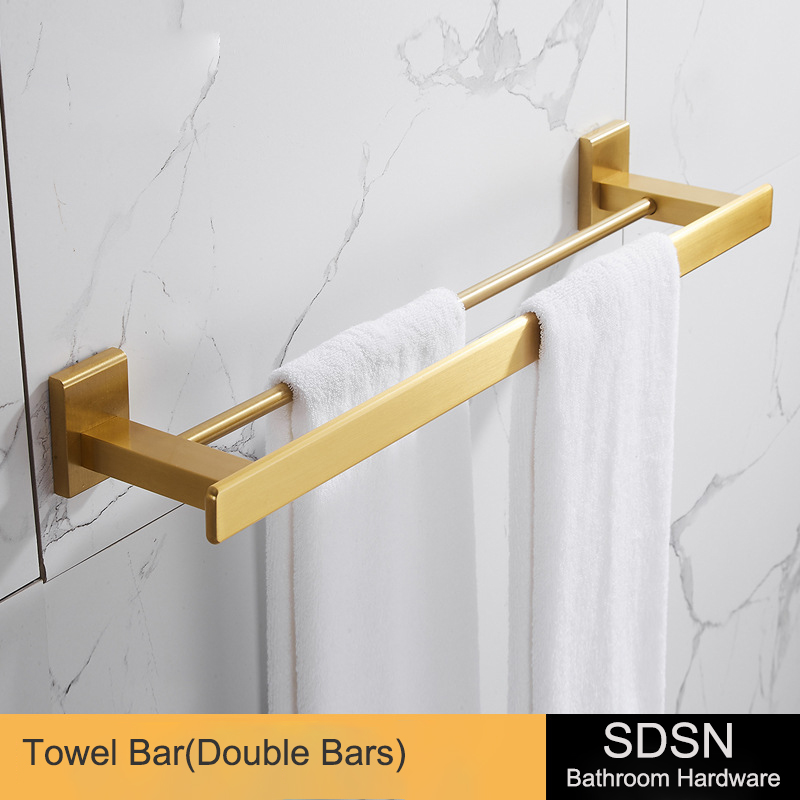 Juego de accesorios dorados para baño, toallero de aleación de aluminio de , trípode de almacenamiento de oro cepillado, estante cuadrado, juegos de accesorios para Baño: towel bar-double