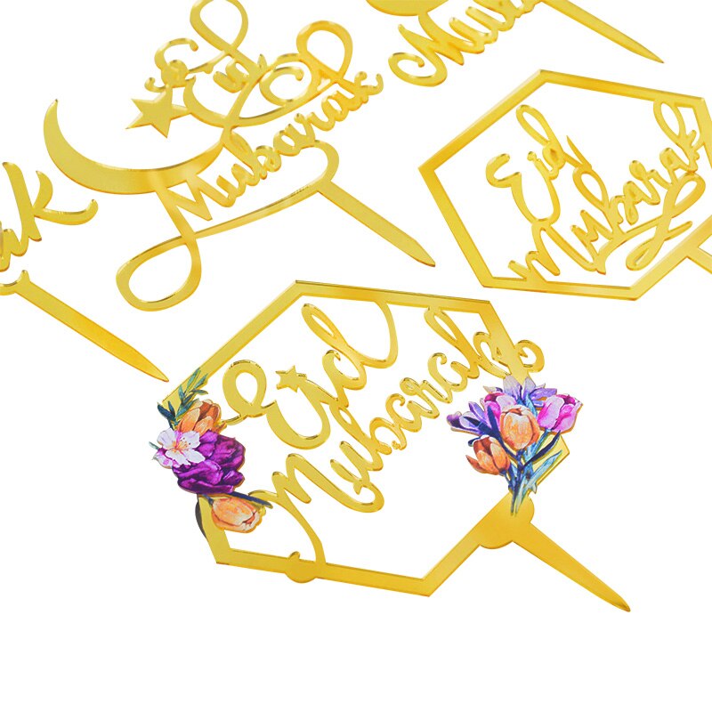 Eid Mubarak Cake Toppers Golden Acrylic Moon Cake Topper for Islamic Muslim Festival Banquet Ramadan Cupcake Decorations Supplie