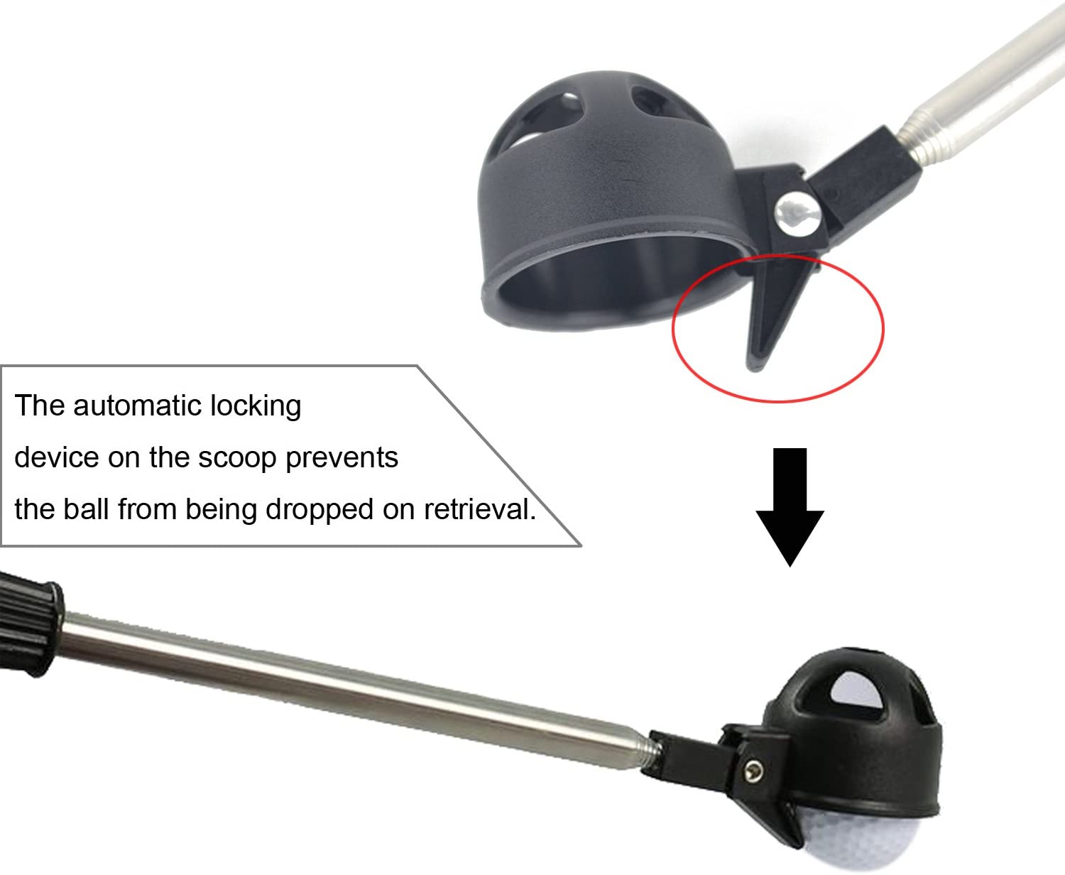 Golf Ball Picker, Black Stainless Steel Automatic Locking Scoop, Telescopic Extendable