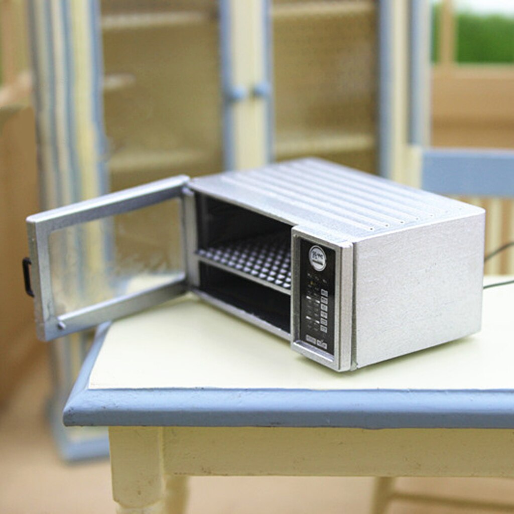 1/12 Dollhouse Miniatuur Kookgerei Legering Zilveren Magnetron Model Keuken Eettafel Decoratie