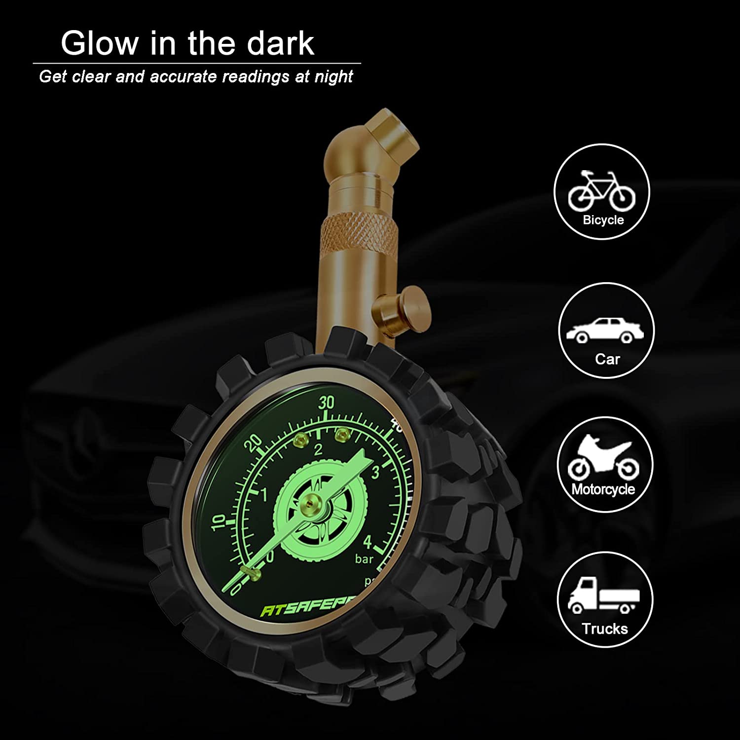 ATsafepro Tire Pressure Gauge UK Accurate Car Tyre Pressure Checker 60 Psi 4bar Glow Dial Mechanical Bourdon Gauge