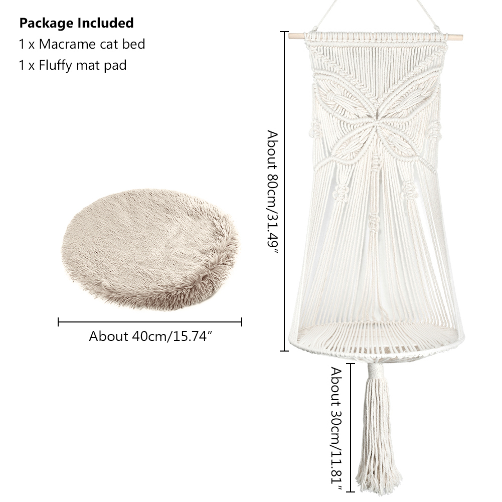 Hamac pour chat, panier suspendu tissé à la main avec tapis en macramé, lit-balançoire, maison pour animaux de compagnie, bohème, maison pour animaux de compagnie: B With Pad