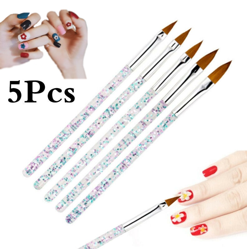 Professionele 5Pcs Nail Art Brush Gereedschap Set Kristal Handvat Acryl Uv Gel Carving Glitter Pen Nail Brush Set Voor nail