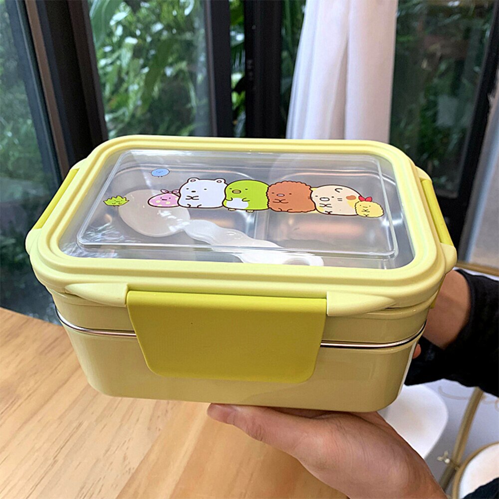 2 Layers Portable Lunch Box Stainless Steel Children School Picnic Office Microwave Bento Lunch Box Cartoon Food Container Box
