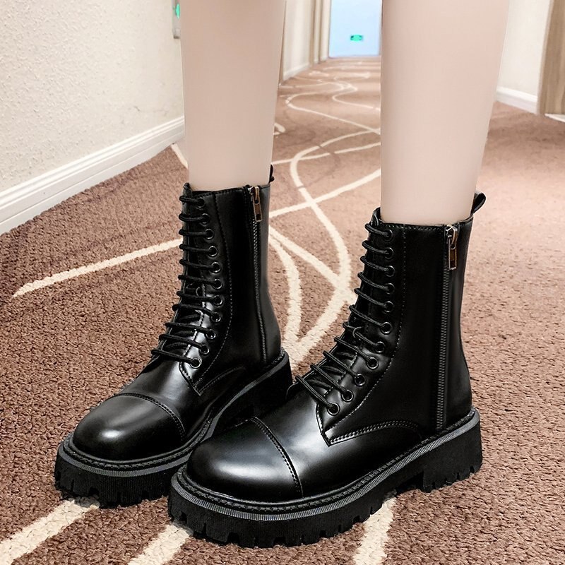 hiver élastique dentelle noir bottes bottes de Combat femmes moto chaussures plates-formes bottines femme talons hauts gothique chaussures