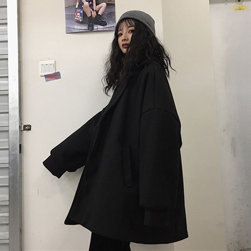 Blends Womens Coat Black Solid Casual Thicken Aesthetic Korean Style Couple Loose Leisure Female Harajuku Trendy Simple Wool: L