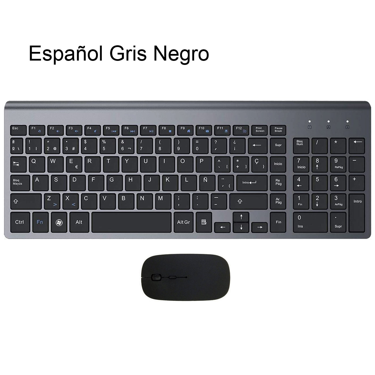 Ergonomiczny Ultra cienki niski poziom hałasu 2.4G bezprzewodowa klawiatura i mysz Combo bezprzewodowa mysz do komputera Mac Pc Windows XP/7/10 tv box z androidem: Spanish Gray-Black